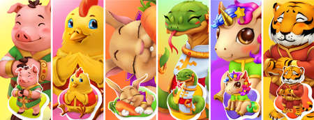 Funny animals. Pig, chicken, rabbit, snake, unicorn, tiger. 3d vector backgroundのイラスト素材