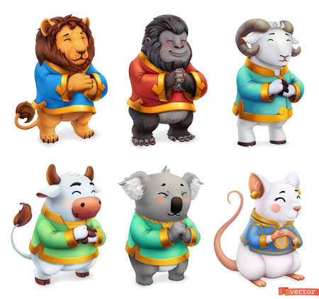 Funny animals. Lion, gorilla, ram, bull, koala, mouse. 3d vector icon setのイラスト素材