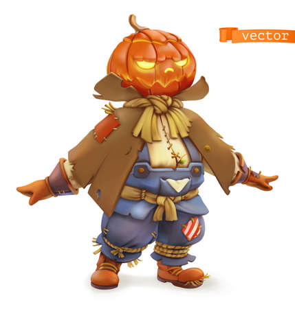 Pumpkin scarecrow. Happy Halloween. 3d vector cartoon characterのイラスト素材