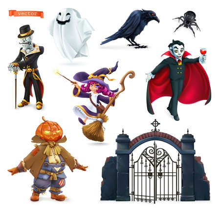 Happy Halloween. Characters and objects 3d vector set. Skeleton, pumpkin scarecrow, witch, ghost, raven, spider, vampire, gate to the cemetery.のイラスト素材