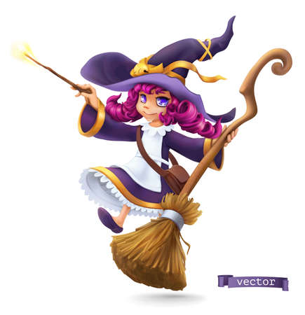 Little witch, sorceress. Happy Halloween. 3d vector cartoon characterのイラスト素材