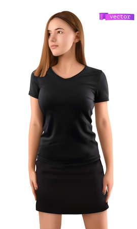 Young girl in a black t-shirt. 3d realistic vector illustrationのイラスト素材