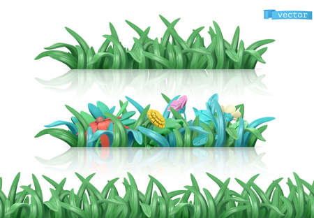 Grass and flowers. Cartoon 3d vector seamless patternのイラスト素材
