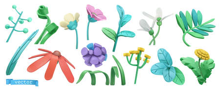 Spring grass and flowers. Cartoon. 3d vector icon setのイラスト素材
