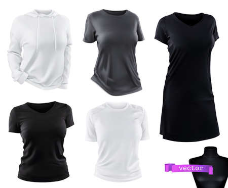 Clothing. T-shirts, hoodie, dress mockup. 3d realistic vector setのイラスト素材
