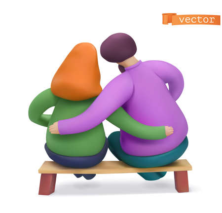 Love story, romance, people fell in love, couple on a bench. 3d minimalism vector iconのイラスト素材