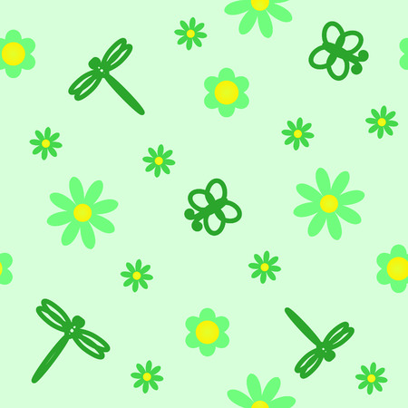 Butterflies and dragonflies between flowers - seamless vector backgroundのイラスト素材