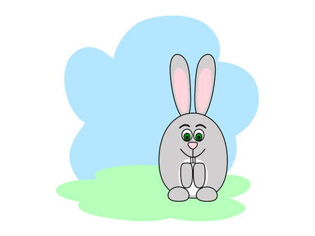 grey rabbit sitting in front of blue sky and green grassのイラスト素材