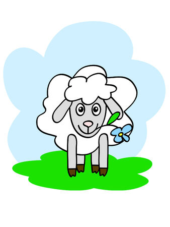 a funny sheep chewing flower with happy muzzleのイラスト素材