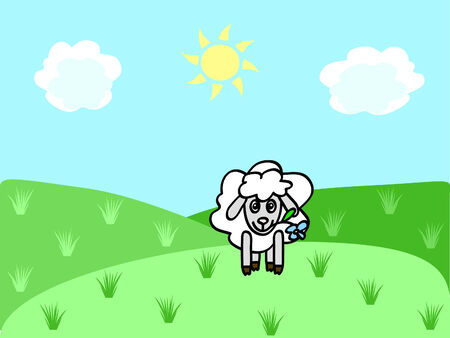 a funny sheep chewing flower on the meadowのイラスト素材