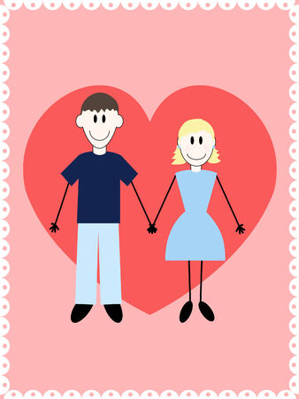 a simply drawn couple in love on a pink background with a heartのイラスト素材