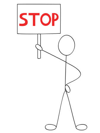a doodle man with a stop banner in his hand のイラスト素材