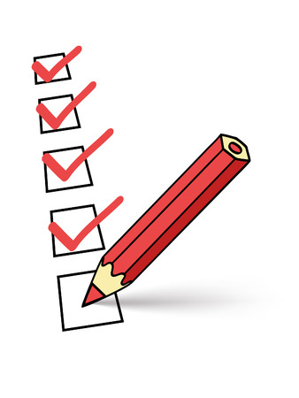 red pencil putting ticks on the white paperのイラスト素材