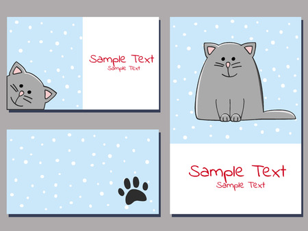 set of cards templates with a cute grey kitten on a snowy background vector illustrationのイラスト素材