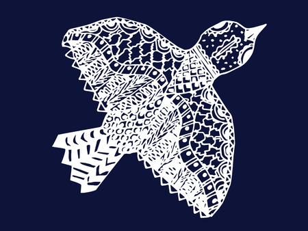white zentangle hand drawn bird on blue backdrop vector illustrationのイラスト素材