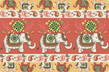 Seamless pattern with elephants and floral ornament. Vector illustration.のイラスト素材