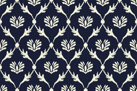Seamless indigo dye floral pattern. Blue woven boro cotton dyed effect background. Japanese repeat batik resist all over print.のイラスト素材