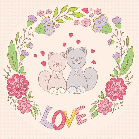 Cute cats hand-drawn. Love cats. Floral frame with cats.のイラスト素材