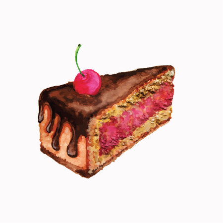 Cake with cherries, watercolor design element of cake, piece of cake