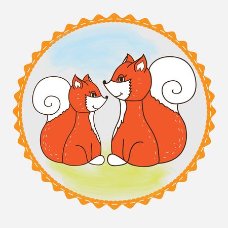 Label with Fox mom and baby Fox sittingのイラスト素材