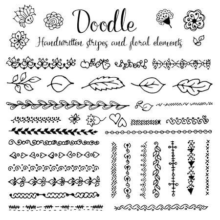 Doodle. Handwritten strip pattern and floral elementsのイラスト素材
