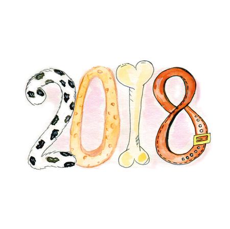 Watercolor drawing figures stylized 2018 dog's fur number one the bone, a collar, and a bagel.