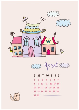 the month calendar April 2018, fabulous home colorful hand drawn Doodle and a catのイラスト素材