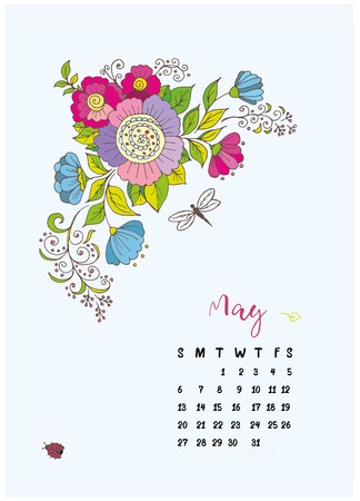 the calendar month of may 2018, a bouquet of flowers, leaves and swirls and a dragonfly with the bug on a blue backgroundのイラスト素材