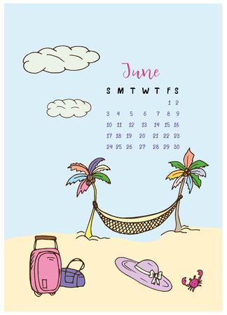 calendar month June 2018, Doodle colorful, vacation, holiday palm tree deck chair, hat, Luggage, crabのイラスト素材