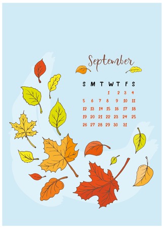 month calendar September 2018, the yellow leaves fly, a leaf fall, the maple tree and the windのイラスト素材