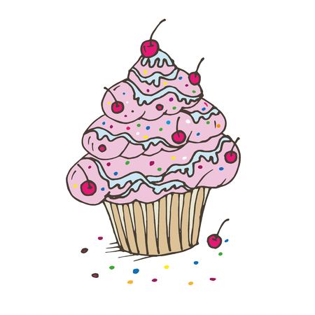 Doodle cupcake with cream and cherry and sprinkles