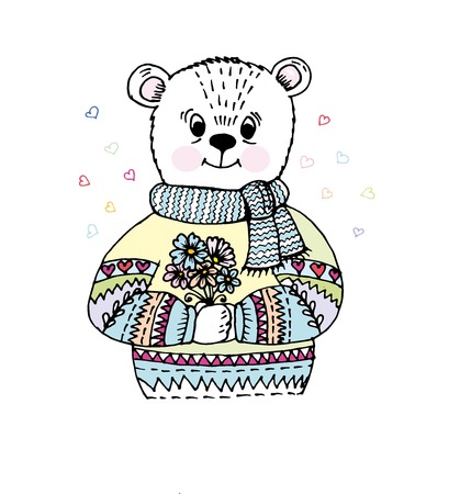 Doodle bear in a sweater and scarf cute smiling holding a bouquet of daisies.のイラスト素材