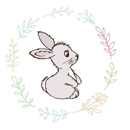 Doodle rabbit small and around the grass a hand painted cardのイラスト素材