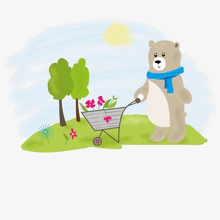 Bear in a scarf with a cart of flowersのイラスト素材