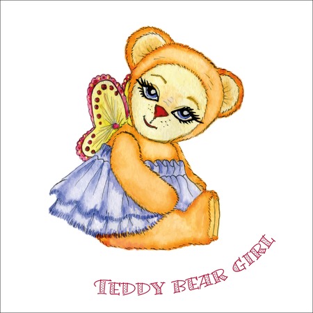 Teddy bear girl in skirt with wings painted watercolorのイラスト素材