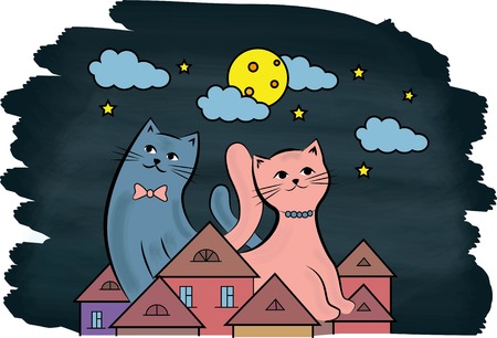 cats on the roof at night the moon and starsのイラスト素材
