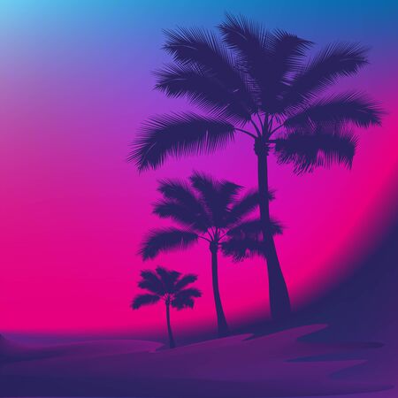 sea the silhouettes of the palm trees the night in purple tones mesh backgroundのイラスト素材