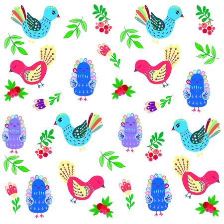 birds and flowers and berries cartoon on white backgroundのイラスト素材