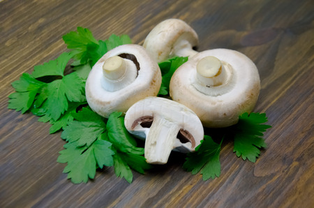 Mushrooms mushrooms with parsley on wooden background selective focusの写真素材