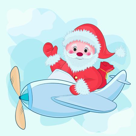toy plane with a propeller with Santa Claus and a bag on the blue skyのイラスト素材