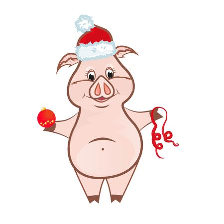 piggy in Santa Claus hat with Christmas ball and ribbon on white backgroundのイラスト素材