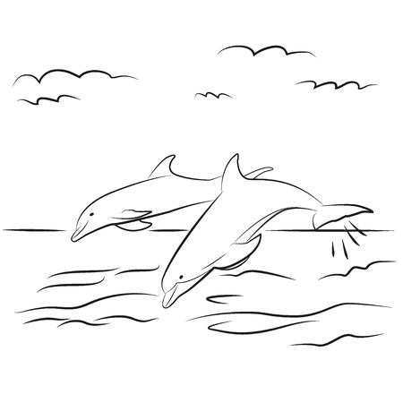 dolphins in the sea painted black outline, coloringのイラスト素材