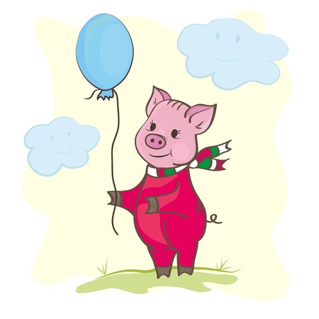 cute piggy with a ball in overalls and a scarf next to the clouds smiling at himのイラスト素材
