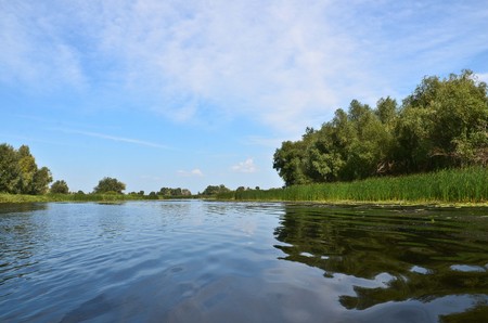 Landscape river and reeds blue sky selective focusの写真素材