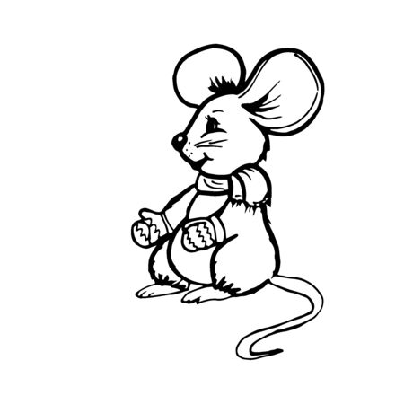 Doodle little cartoon mouse in a scarf and mittens with a black outline on a white backgroundのイラスト素材