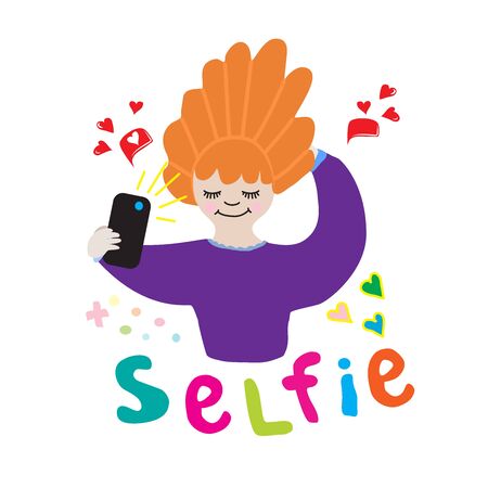 illustration of a girl with her hair makes selfie likes and the inscriptionのイラスト素材