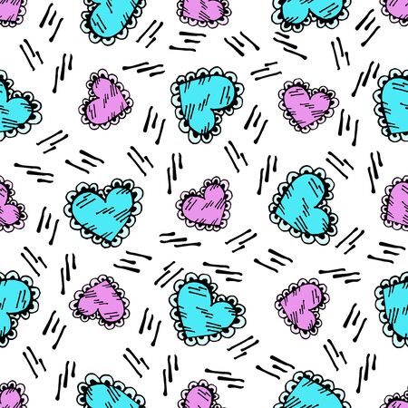 Doodle heart pattern scattered and lines in bright color on whiteのイラスト素材