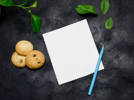 white leaf template on a black background next to leaves and cookies and a fountain pen blurredの写真素材