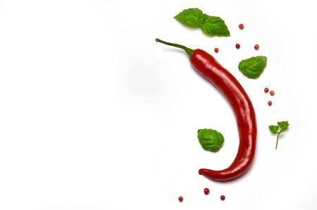 chili pepper pod next to Basil leaves and pepper on a white backgroundの写真素材