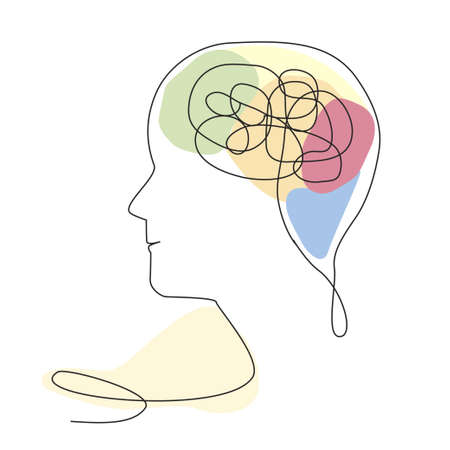 the silhouette of a single outline of a human head in the head house in the brain on a white backgroundのイラスト素材